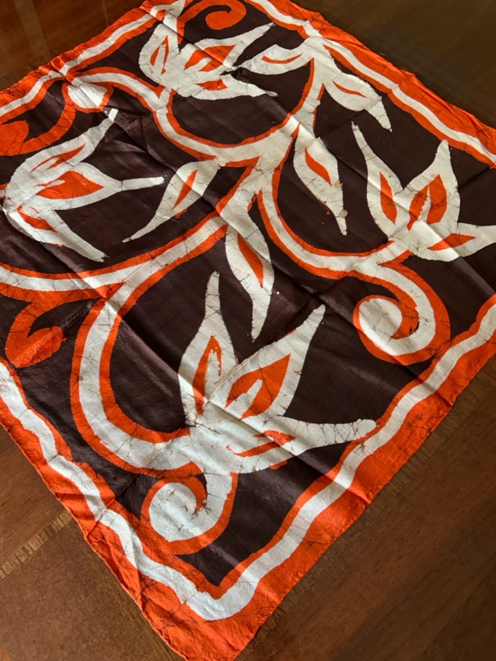 Orange Brown White Abstract Silk Scarf hand rolled and hand stitched 26“ x 26“ - Picture 6 of 8
